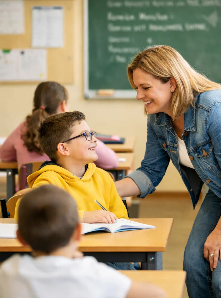 Unterrichtssituation in einer deutschen Klasse mit mehreren Kindern und pädagogischer Begleitung.